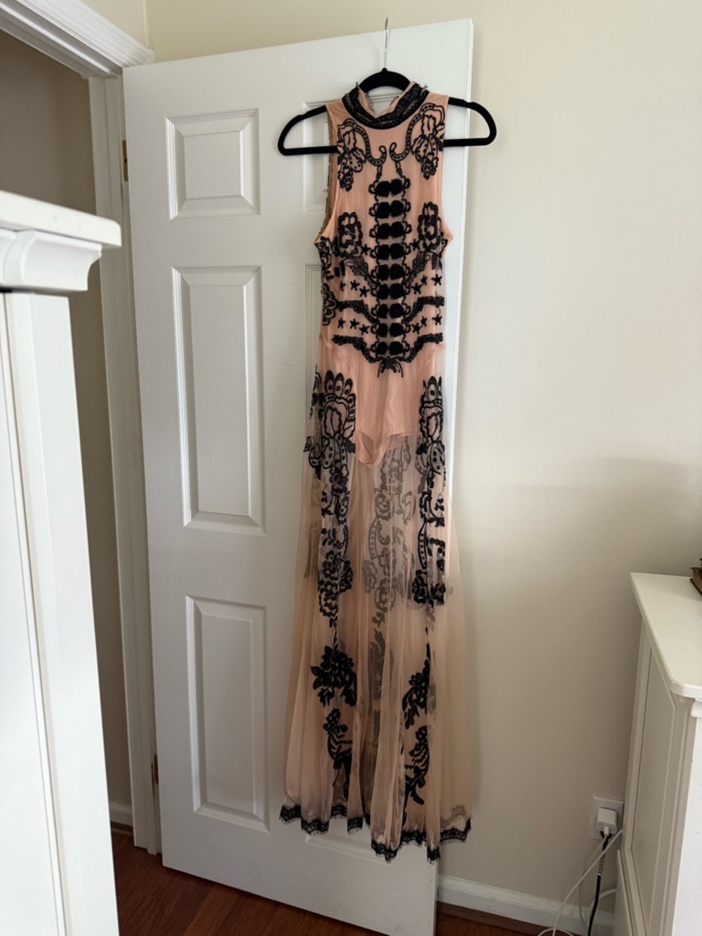 Nasty Gal Nude Maxi Dress with Black Embroidered Overlay (worn once)